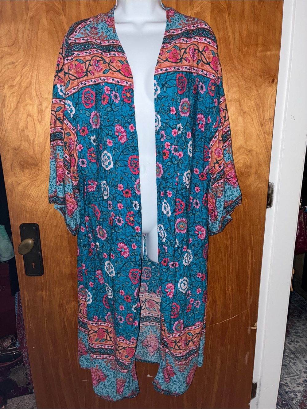 Rustydustty Turquoise, Aqua, Teal, Pink, & Orange Floral Boho Duster Kimono Sz L